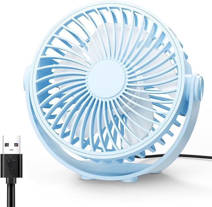 Edvision USB Desk Fan, 5 Inch Mini Portable, 3 Speeds Strong Airflow Personal Desktop, Detachable Cooling Fan 360° Rotation Quiet Small Fan for Desk Home Office Travel Car, Blue, 5ft Cable