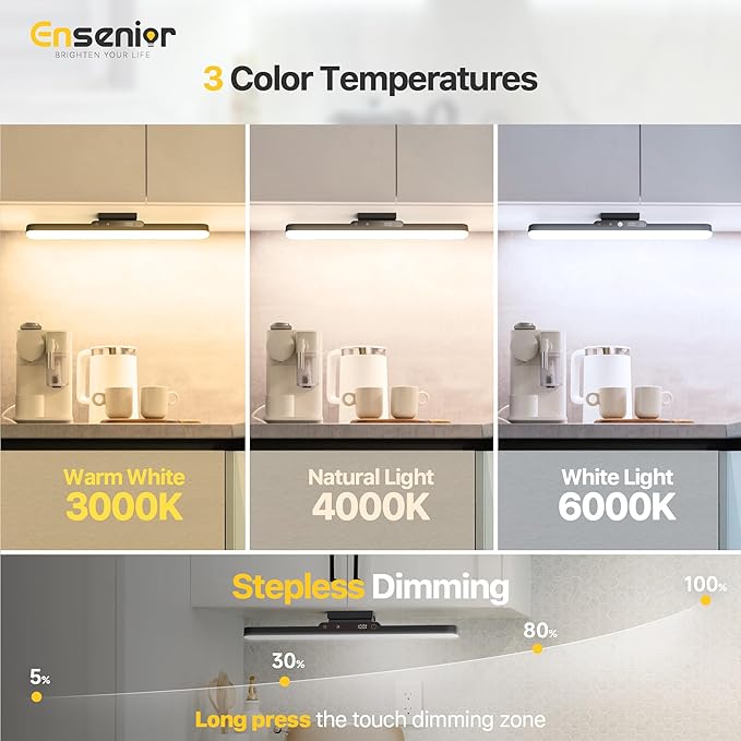 Ensenior Makeup Light, 14 inch Rechargeable Vanity Lights for Mirror with Auto Off Timer Remote Magnetic Stepless Dimming 3CCT 2500mAh Battery, Under Cabinet Lighting Wireless for Kitchen, 2 Pack