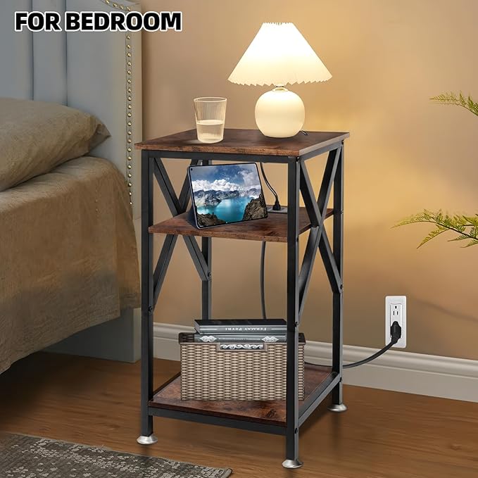 TooCust End Table with Charging Station, End Tables Living Room Set of 2 Farmhouse, 12" D x 16" W x 28" H, 28 inch Tall Side Tables, Rustic Wood End Tables, Couch Side Tables Set of 2