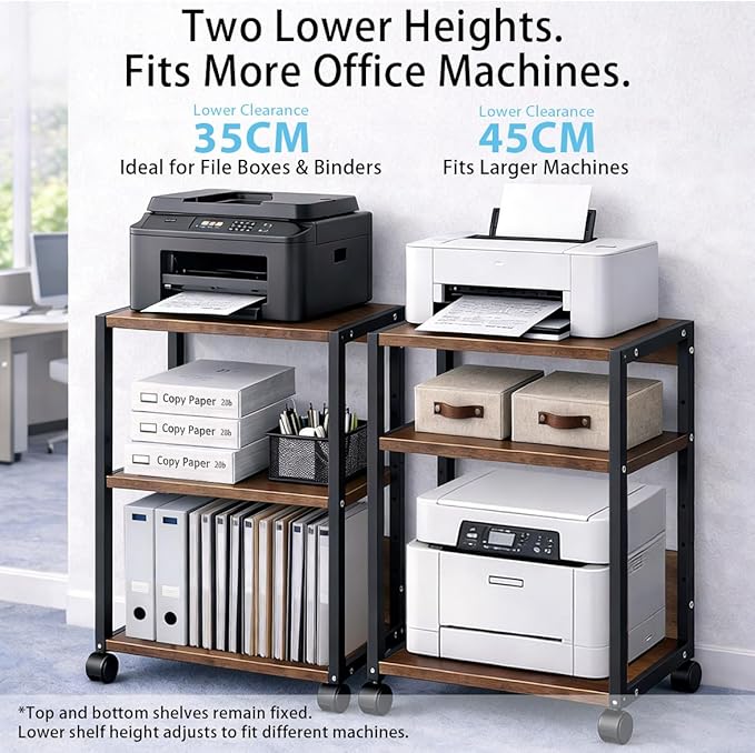 3-Tier Printer Stand with Storage, Adjustable Shelves, Lockable Wheels, Stable Steel Frame for Home & Office Rustic Brown & Black