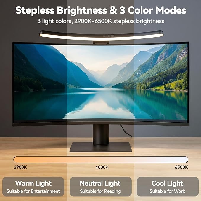 ELUTENG Curved Monitor Light Bar with Wireless Remote Control, for 27-34 Inch PC Stepless Dimmable Computer Screen Lamp, Asymmetric Anti-Glare Monitor LED Lights for Desk|Office|Home|Game Black