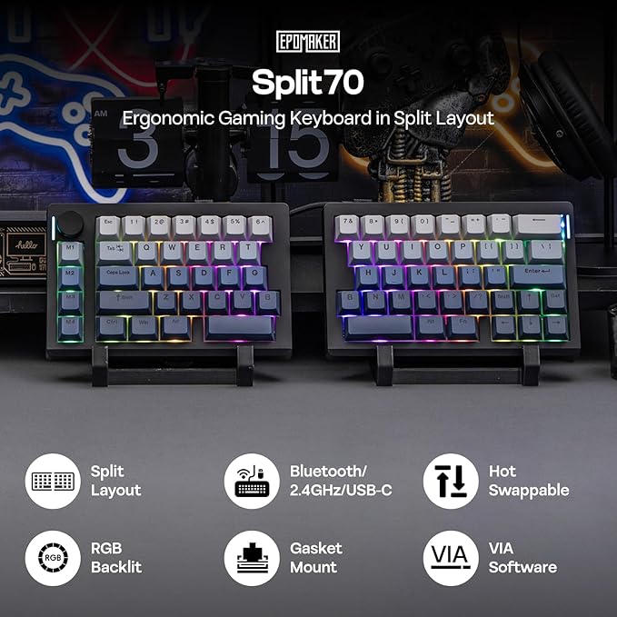 EPOMAKER Split70 Wireless Ergonomic Keyboard with QMK/VIA and Knob, Mechanical Gaming Keyboard with RGB, Hot-Swap, Creamy Linear Switch, PBT Keycap, Gasket, Mac Modifier, 70% Split Layout (Black)