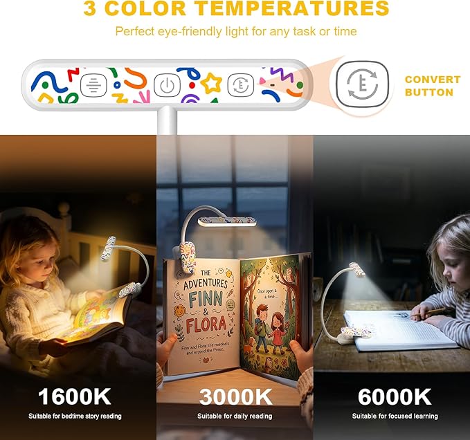 Rechargeable Kids Book Light 25 LEDs - Reading Light for Kids, Eye Caring 3 Colors & 5 Brightness Levels, Extended 1200mAh Battery, Gifts for Kids & Book Lovers (White Doodle)