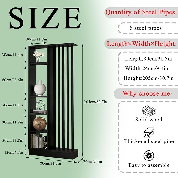 Room Divider with Shelves, Entrance Hall Partition Screen Column Floor to Ceiling - Freestanding Room Divider with Storage Shelf, Freestanding Decor for Bedroom (A Black + Black, 31.5in / 80cm)