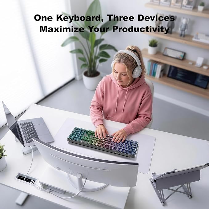 MOFII Clear Curved Ergonomic Wireless Keyboard, Tri-Mode Bluetooth5.0/2.4G/USB-C RGB Backlit Keyboard Rechargeable, Full-Size Computer Keyboards for Laptop/PC/Desktop/iPad/Smartphone/Smart TV, Black