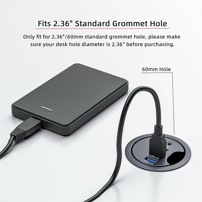 NFHK USB 3.0 Hub Sound Card USB-C 2 Port USB 60mm Desk Grommet Splitter Dock Station Headphone Mic Audio Interface for Desktop PC Desk