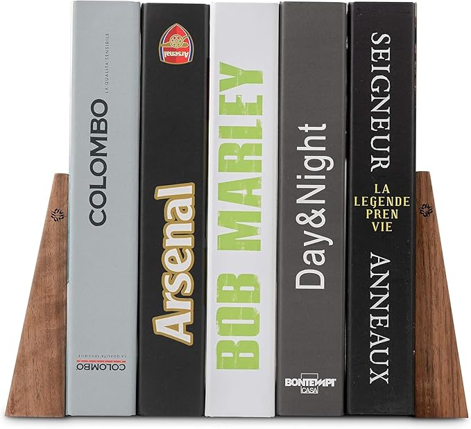 TILISMA Book Ends for Shelves - Handmade Wooden Bookends with Metal Base, Walnut Tree - Sturdy Book Holders for Heavy Books - Fancy Modern Decorative Book Accessories to Hold Books Firmly on Bookshelf