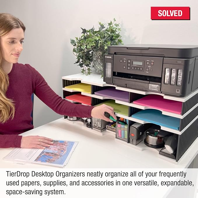 Ultimate Office Desktop Organizer 6 Letter Tray Sorter PLUS Riser Storage Base for Easy Access to Lower Slots, Desk Accessories & Supplies. Optional File Topper & Drawers