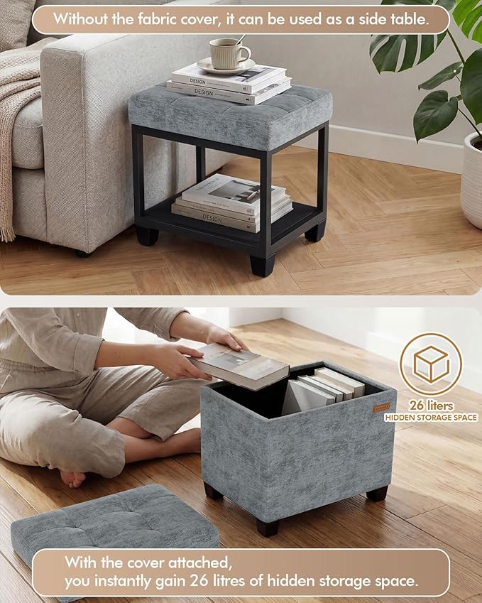 ABHENG Chenille Metal Framed Storage Ottoman,12.2" D x 16.1" W x 17.7" H Tufted Upholstered Ottoman with Storage,Foot Rest Stool with Legs,Holds 770 LB for Dorm Living Room Bedroom Gray UASND70G