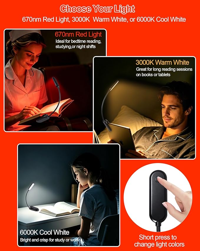 670nm Red Book Light for Reading at Night [2 Pack] - Zero Blue Light, Dimmable Reading Lights for Books in Bed, LED Book Lamp Clip on, Gift for Students Parents Nurse Studying Travel