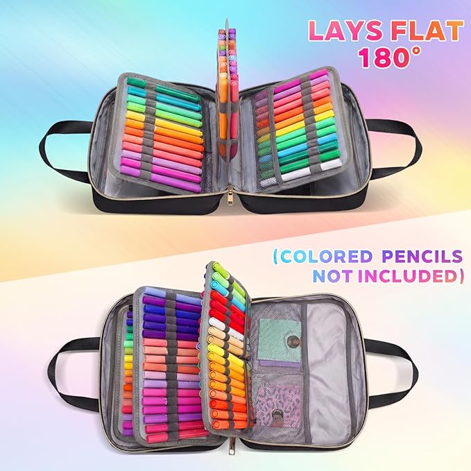 Hillban 108 Slots Large Colored Pencil Case with Chenille Letter Patch Extra Large Capacity Interlayer Pencil Holder Organizer with Handle Zipper Portable Storage Bag Graduation Gift for Artist(Black)