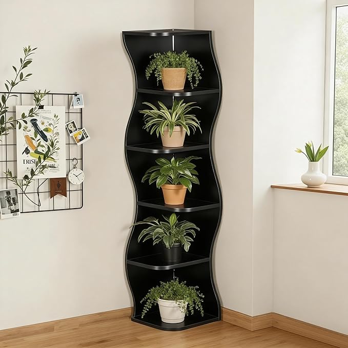 VECELO Wavy Corner Shelf with LED Light, Decorative 6-Tier Corner Display Bookshelf, 59.3" Tall Storage Organizer for Small Spaces, Living Room or Bedroom, Black