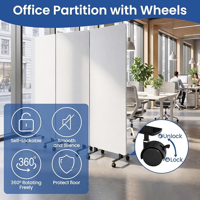 72in 3-Panel Soundproof Room Divider with Wheels, Heavy-Duty Acoustic Partition Temporary Wall for Noise Reduction, Portable Divider for Home Hospital Library Classroom - Light Grey