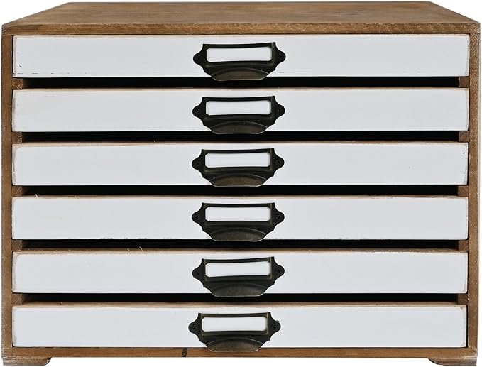 Vintage 6-Drawer Wooden Desktop Organizer Cabinet, Rustic Distressed Wood Card Catalog Cabinet, Antique Storage Box for Jewelry Cosmetics Craft Paper Home Office Decor (White)