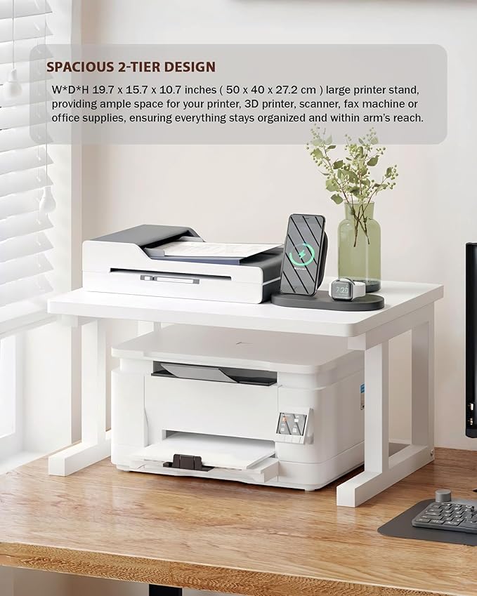 Desktop Printer Stand, 19.7″x 15.7″ 2-Tier Large Printer Shelf fit 3D Laser Printer/Scanner/Fax Machine, Industrial Storage Rack for Home Office Storage, White P5040-W