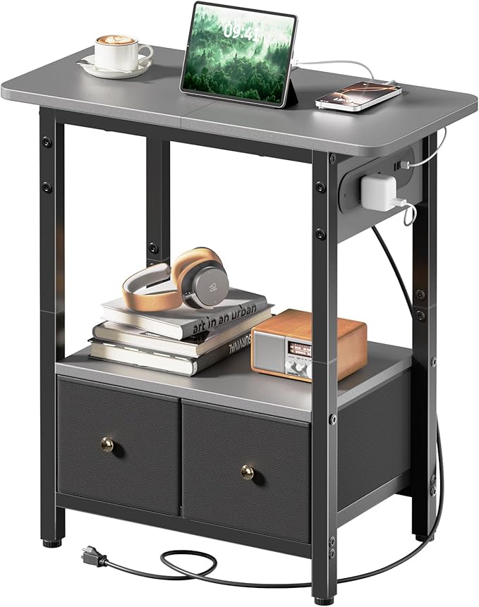 HLDIRECT Nightstand with Charging Station, Bedside Table with 2 Fabric Drawers and Large Storage Shelf for Small Space, End Table with Outlet and USB Ports for Living Room, Bedroom (Gray)