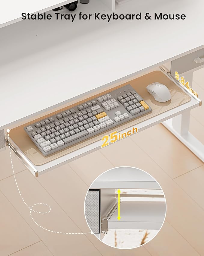 Electric Standing Desk with Keyboard Tray, 63x24 Inches Height Adjustable Stand up Desk with 2 Drawers, Ergonomic Sit to Stand Table with Storage Monitor Stand, White