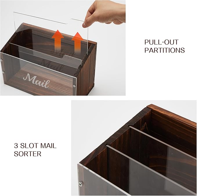 Mail Organizer with Clear Acrylic Dividers - 3 Slots Letter Holder for Desk, Solid Wood Mail Sorter Wall Mounted, Mailbox Hoder Counter for Home Office Family