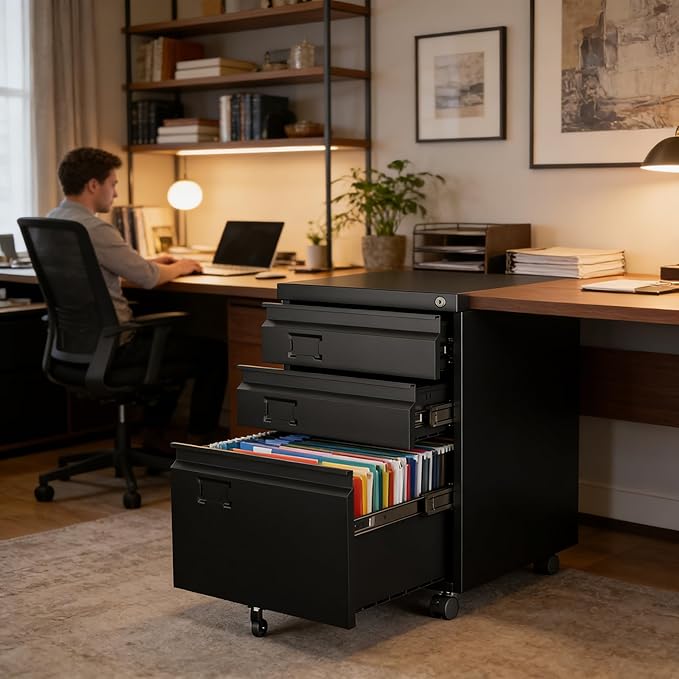 SUXXAN 3 Drawer File Cabinet with Lock, Heavy Duty Metal Mobile Filing Cabinet for Home Office, Under Desk Storage Organizer with Name Holder, Fits Legal/Letter/A4 Size, Assembly Required