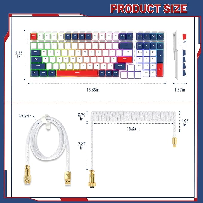 ATTACK SHARK K98 Wireless Mechanical Keyboard with 100 Keys, Tri-Mode BT5.0/2.4G/USB-C with Coiled Cable, Hot Swappable RGB, Rechargeable, Ergonomic, with Cloud Wrist Rest for MAC/Win-Red Switch