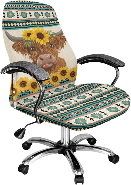 Talayituse Highland Cattle Aztec Tribe Geometric Sunflower Print Office Chair Covers, Stretch Computer Chair Cover, Universal Boss Chair Covers Modern Simplism Style High Back Chair Slipcover, Large