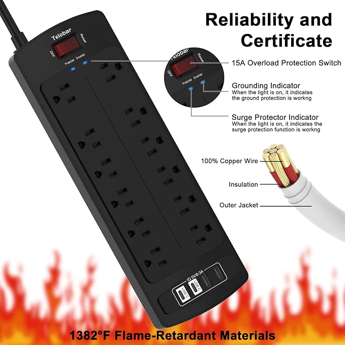 15 Ft Extension Cord Power Strip, Teiobar Surge Protector with 12 AC Outlets and 4 USB Ports for Home, Office, Dorm Essentials, 1875W/15A, 2700 Joules, ETL Listed, Black