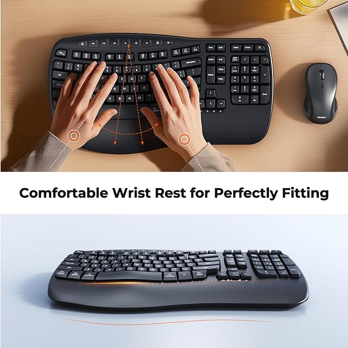 MEETION Ergonomic Keyboard and Mouse, Wave Keys Natural Typing, 2.4G USB Receiver Wireless Keyboard with Wrist Rest, 4 Adjustable DPI Optical Mouse, Computer/Laptop/Windows/Mac, Black