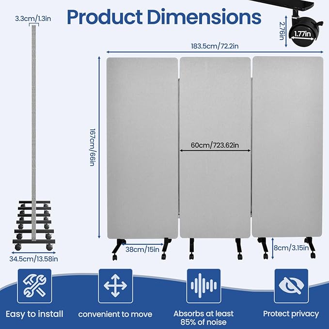 72in 3-Panel Soundproof Room Divider with Wheels, Heavy-Duty Acoustic Partition Temporary Wall for Noise Reduction, Portable Divider for Home Hospital Library Classroom - Light Grey