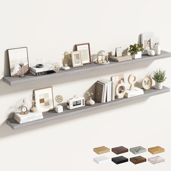Acovy 72 Inch Floating Shelves for Wall 2 Pack, 72" Wall Shelves for Books, Storage, Decor, Wall Mounted Floating Shelf with Invisible Brackets for Kitchen, Living Room, Gray