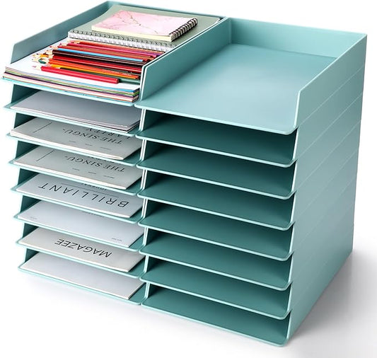 Tatuo 16 Pack Stackable Paper Trays Plastic Letter Tray Desk Organizer Paper Holder Organizer Storage Office Desk Accessories for Classroom Magazine File Documents 12.8 x 9.45 x 1.97, Blue Green