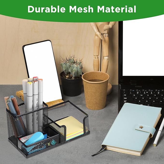 Lemecima 6 Pieces Pen Holder for Desk Mesh Metal Pencil Holders Pen Cup Marker Desk Caddy with Sticky Notes Organizer for Office Supplies Workspace School Home Black