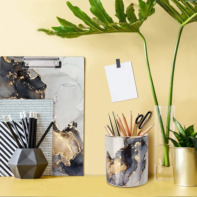 WAVEYU Marble Pencil Holder, Durable Ceramic Desk Organizer Office Supplies,Desktop Stationary Organizer,Multi-Functional Pencil Storage for Desktop Accessories,Office,Classroom,Home,Gray Gold