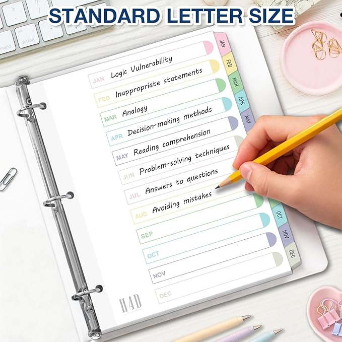 H4D Monthly Binder Dividers for 3-Ring Binder, Jan-Dec 12 Tab Dividers with Customizable Table of Contents, Multicolor Tabs, Reinforced Holes, Letter Size, Pastel, 2 Sets