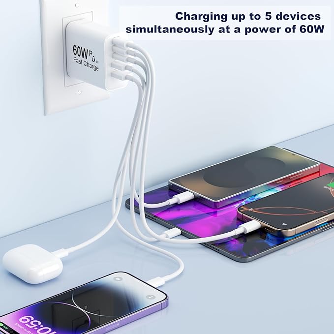 USB C Charger Block, 5 in 1 60W Charging Blocks, PD 3.0 25W Single Max Fast Charger, QC 2A USB Wall Charger for iPhone 16 15 14 13 12 11 Pro Max, iPad, iPod, Samsung, AirPods Pro, Apple Watch Series