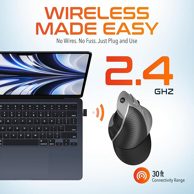 Delton S22 Vertical Wireless Mouse, Ergonomic Design, 2.4G USB Dongle, 6 Buttons, 3 Adjustable DPI Levels (800/1600/2400), Removable Palm Rest, Silent Click & Durable for PC, Laptop, MacBook - Black