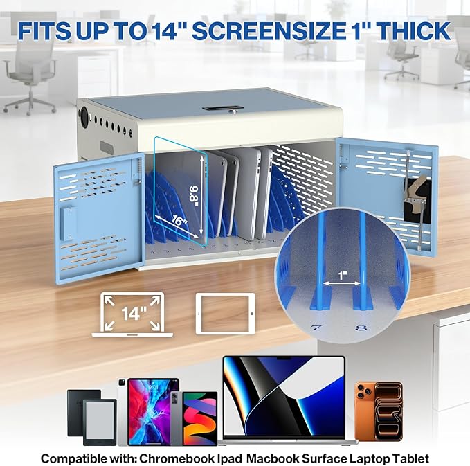 16-Unit Charging Cabinet for Laptops & Tablets - Locking Laptop Storage Box with Cable Management, Charger Storage, and Ground Protection for Classroom, Library, and Office(Blue)