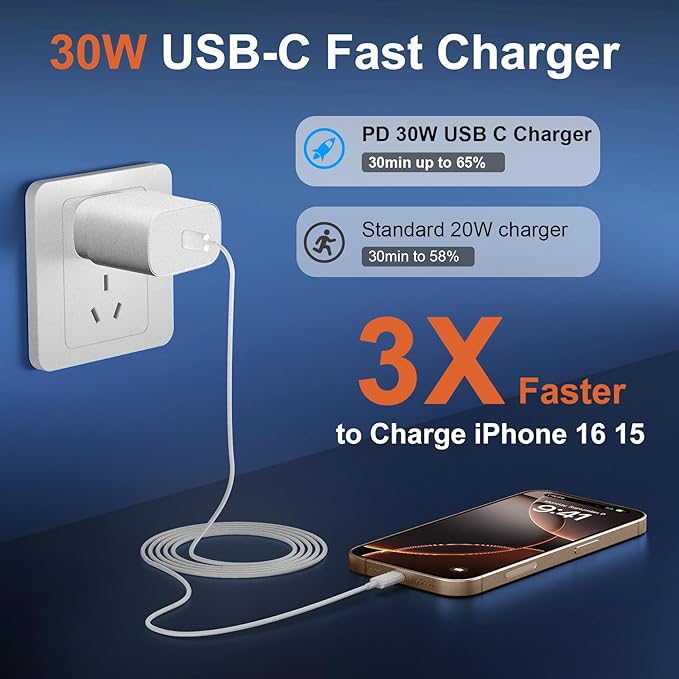 iPhone 16 15 17 Pro Max Charger 30W Type C Chargers USB C Fast Charger Block iPhone 16 Chargers Fast Charging with 8FT C Charging Cable for iPhone 17/17 Pro Max/16/16 Pro Max/15/15 Pro/iPad/Samsung