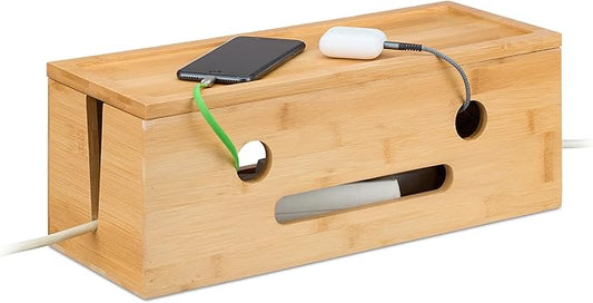 Relaxdays Cable Box for 2 Power Strips, Bamboo, H x W x D: 15.5 x 42 x 16 cm, Hide Cables, Socket Box, Natural