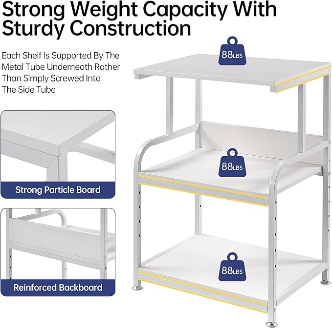 Fannova White Printer Stand with Storage, 3 Tier Printer Table with Height Adjustable Shelf, Rolling Printer Cart with Wheels for Home Office Organization