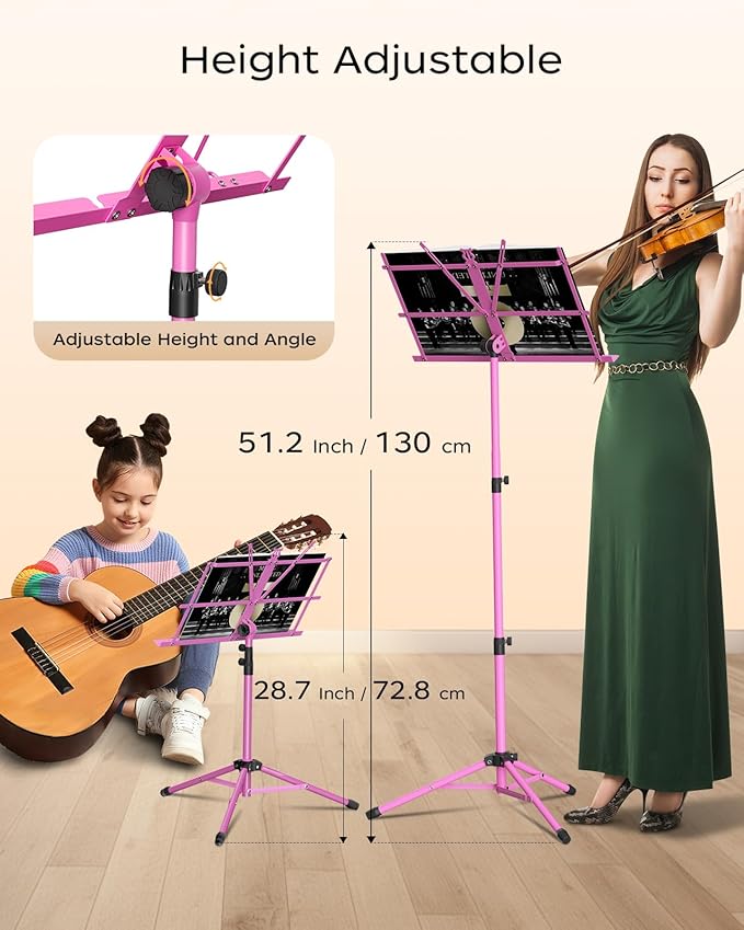 K KASONIC - Music Stand, 2 in 1 Dual-Use Folding Sheet Music Stand & Desktop Book Stand, Portable, Lightweight with Music Sheet Clip Holder & Carrying Bag Suitable for Instrumental Performance (Pink)
