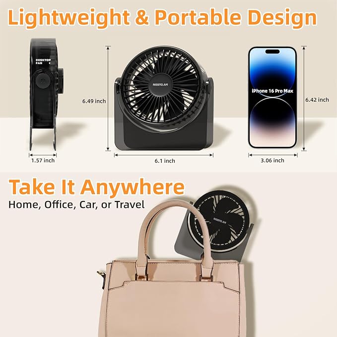 USB Desk Fan, 6Inch Portable Table Fan, 3 Speeds Quiet Powerful Cooling,Personal Mini Small Fan with Adjustable Tilt for Desk Bedroom Home Office Car Table Travel, No Battery, Black