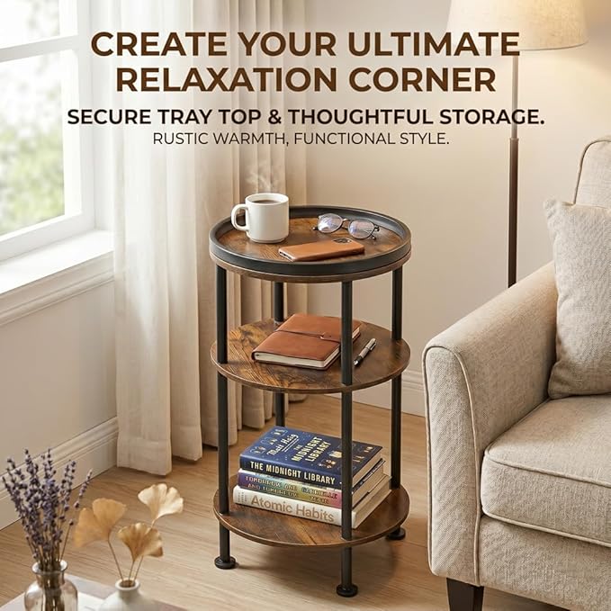 Small Round Side Table with Tray Top (Patented Design), 11.8" Narrow End Table for Small Spaces, 3-Tier Industrial Nightstand, Original Rustic Accent Furniture for Living Room Bedroom, Rustic Brown