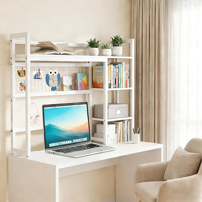 Desktop Shelf, 38.5'' Desktop Organizer Shelf for Computer Monitor, 4 Tier Hutch Storage Rack for Home Office Dorm, White