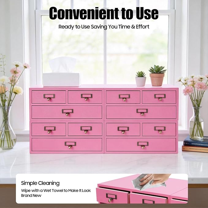 4 Packs Vintage Desktop Apothecary Cabinet with 3 Drawers, Vintage Desktop Organizer Wood Desktops Organizers Stackable Drawers Chest Drawer for Herb Storage Tea Collection Stationery (Pink)