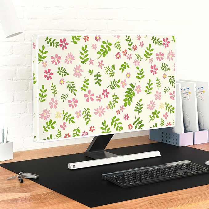 Aesthetic Floral Waterproof Television Covers 70 Inch Cottagecore Botanical TV Screen Cover Dust-Proof Anti-Scratch Anti-Static Protective for LED LCD OLED TVs，Green and Pink Flowers