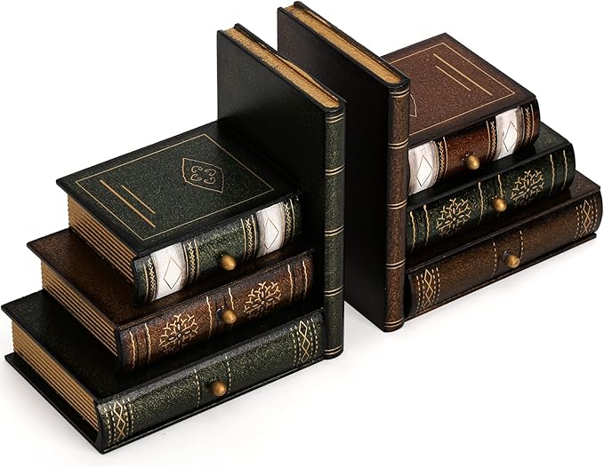 Fasmov Wood Bookends with Desktop Organizer Drawer Units, Decorative Bookends for Shelves, Office Desk Book Holder Stand, 1-Pair