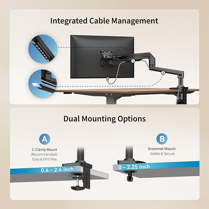 Ergounion Single Monitor Arm Desk Mount, Holds Screens up to 40 Inches and 25 lbs, Fully Adjustable Vesa Monitor Mount with C-Clamp and Grommet Base, Aluminum, Black