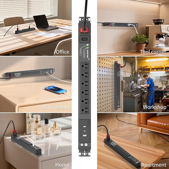 Surge Protector Power Strip, 6 Outlet Mountable PDU Power Strip with Switch, 65W Fast Charging 3 USB Ports, Heavy Duty Power Strip Surge Protector 1800J, 6 Feet Auto Lock Extension Cord, 15A/1875W