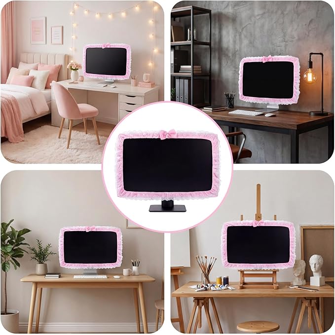 BowKnot Pink Monitor Cute Computer Monitor Cover Dust Cover Protector Lovely Computer Accessories PC Covers Elastic for 23''-26'' LCD TV PC Laptop Screen Decoration