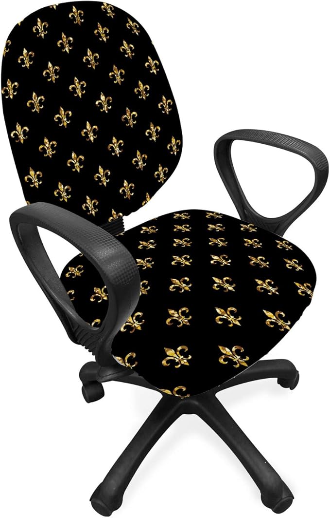 Ambesonne Fleur De Lis Office Chair Slipcover, Old Fashioned Baroque Background Royal Lily Flower Fashion Art, Protective Stretch Decorative Fabric Cover, Standard Size, Yellow Black